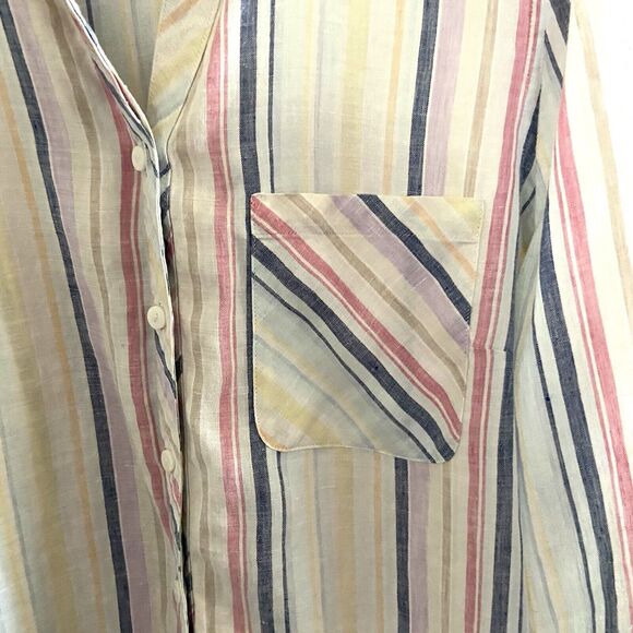 Chico's Women's Sz. 2 No Iron 100% Linen Striped Pastel Casual Button Down Shirt - Picture 3 of 7